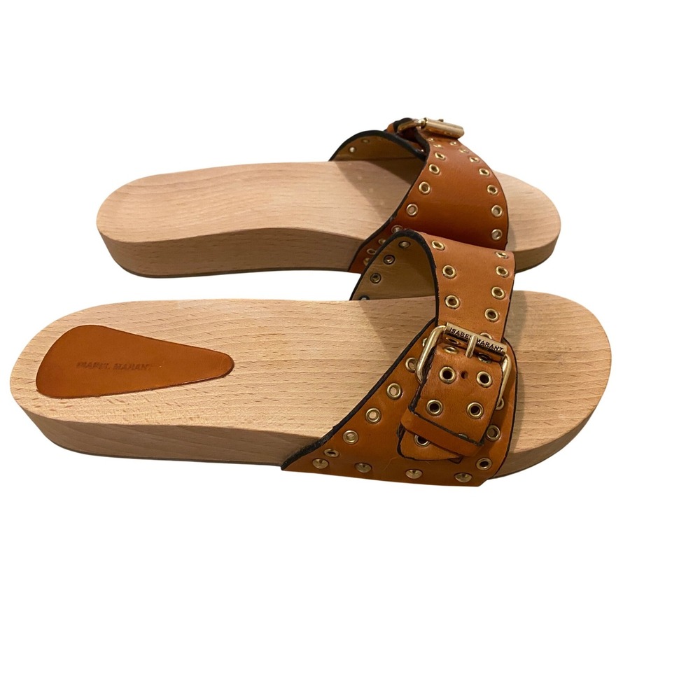 Isabel Marant Jaso Slide Sandal 40 Tan Leather Wood Studded Designer Luxury Boho - Picture 4 of 14